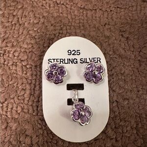925 sterling silver amethyst color cubic zirconia pendant earrings set